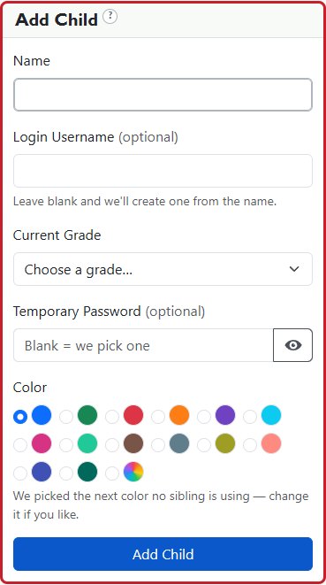 The Children page creates a child account and keeps every saved child login available for later editing on a phone.