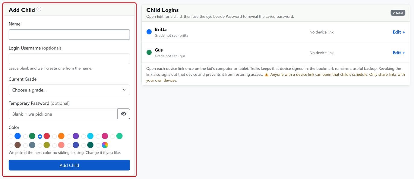The Children page creates a child account and keeps every saved child login available for later editing.