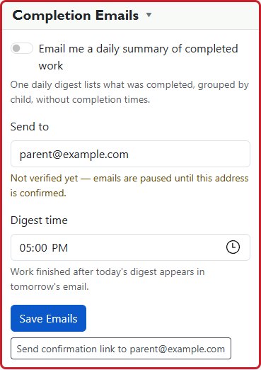 Completion Email settings choose the recipient and delivery time for one daily summary of finished work on a phone.