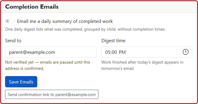 Completion Email settings choose the recipient and delivery time for one daily summary of finished work.