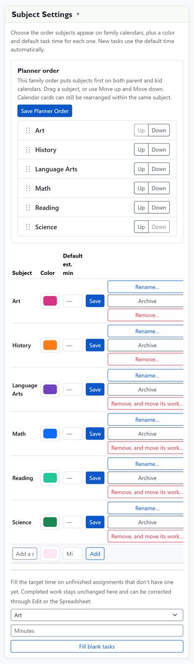 Subject Settings sets the planner order above a row per subject with its color, default estimated minutes, Rename, Archive and Remove on a phone.