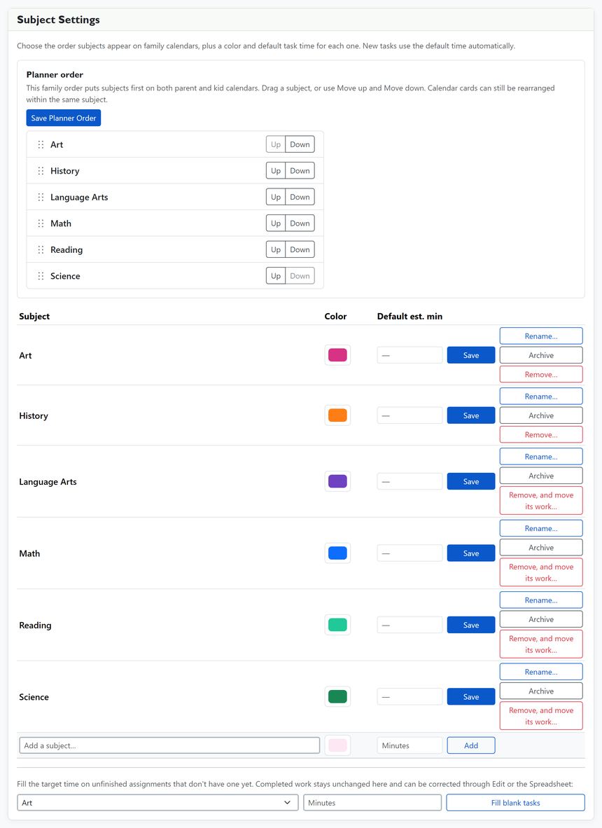 Subject Settings sets the planner order above a row per subject with its color, default estimated minutes, Rename, Archive and Remove.