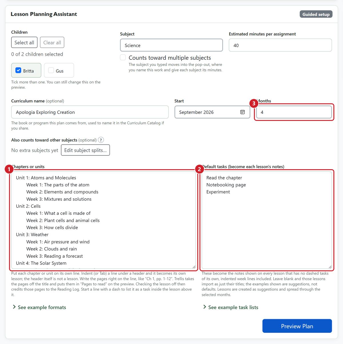 A Science lesson plan for Britta turns four named units and their indented weekly lessons into assignments with the same default tasks.