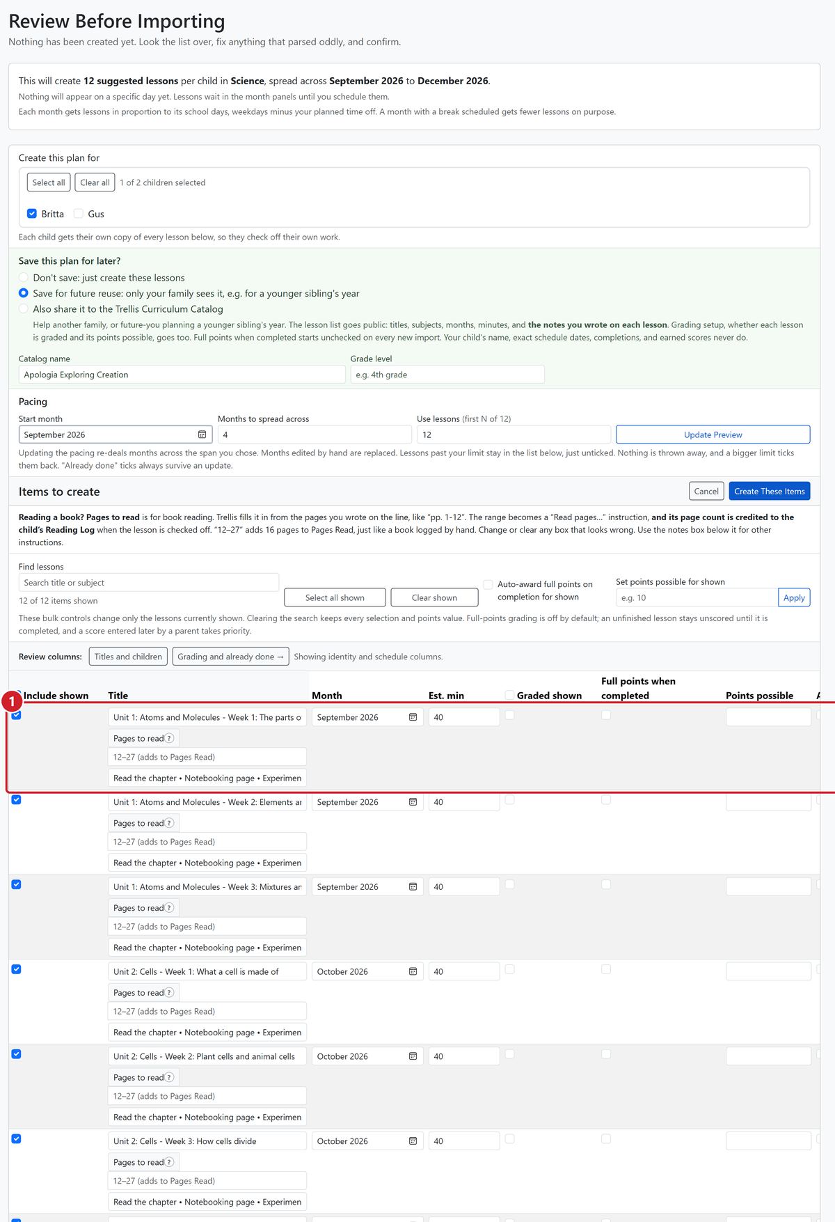 The Science import preview shows twelve lessons across four months, with each row editable for title, pages, notes, month, and estimated minutes.