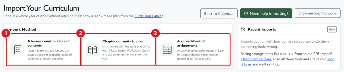 The Import Curriculum page offers three methods for a lesson count, a chapter plan, or a spreadsheet, with recent imports available beside them.
