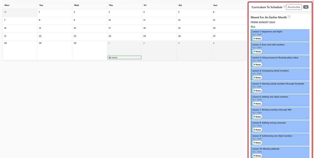 The September calendar keeps imported Math lessons in Curriculum To Schedule until Gus's family places each lesson onto a specific school day.
