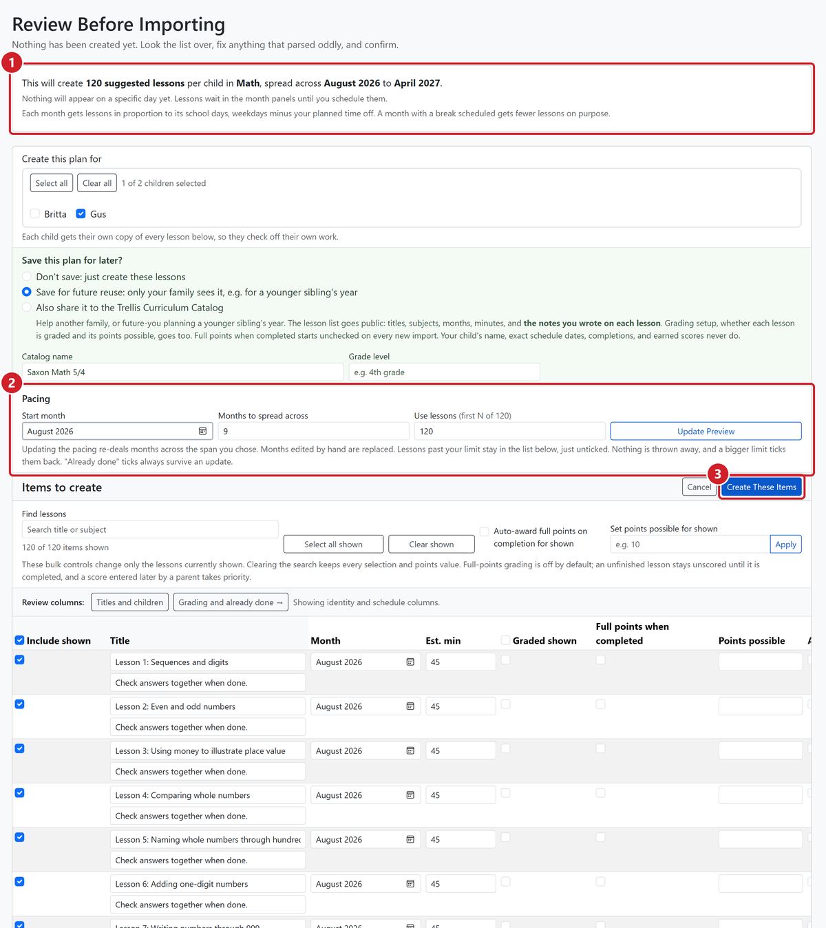 The Saxon Math import preview summarizes 120 lessons for Gus, shows pacing from August 2026 through April 2027, and lists every editable lesson.