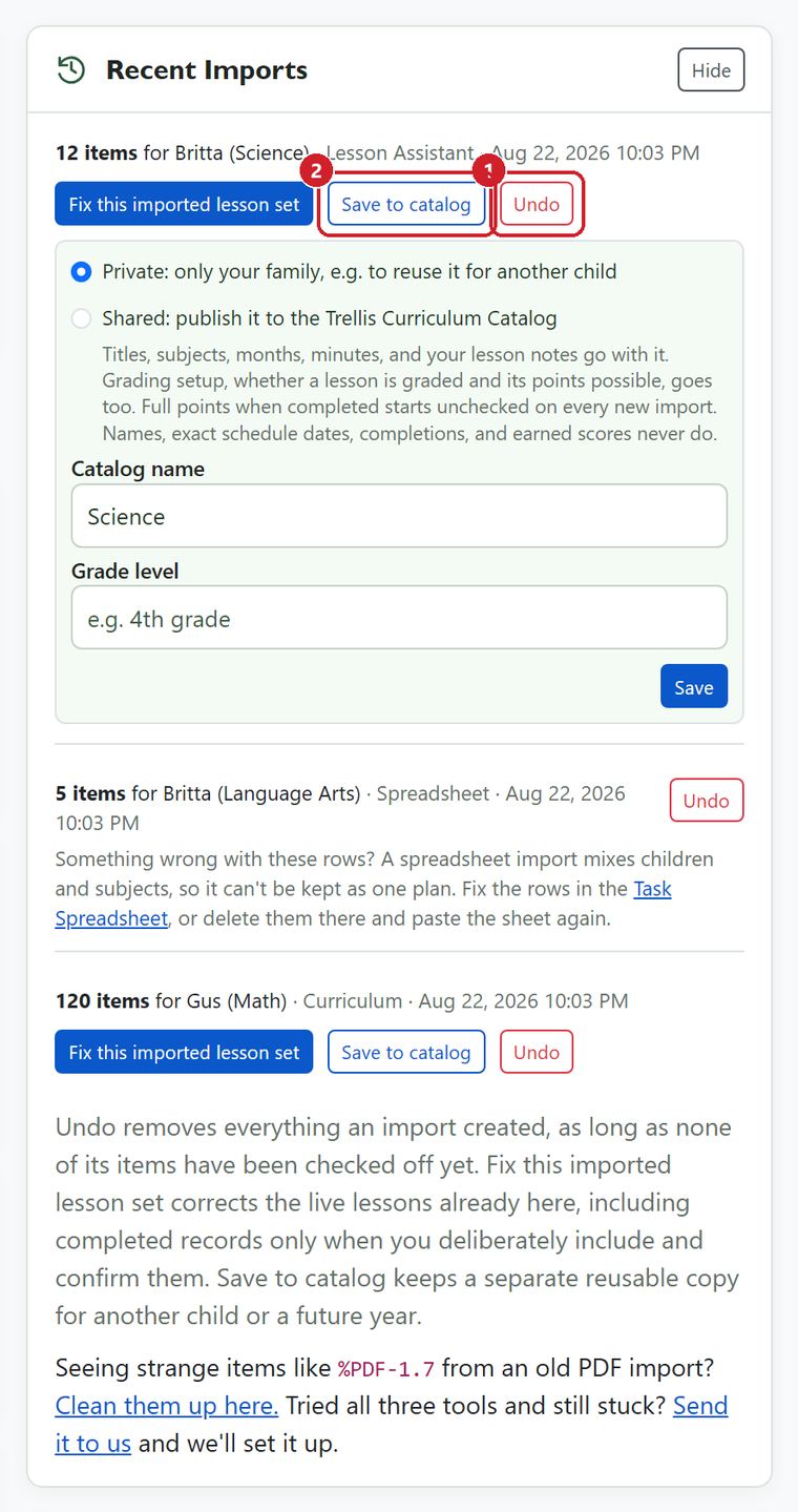 Recent Imports lists three batches with their children, subjects, methods, and item counts, plus actions to Undo or save a reusable catalog plan.