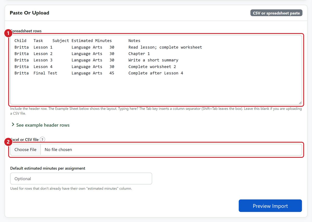 The Spreadsheet import form accepts pasted rows with headers and five Language Arts assignments, or an Excel or CSV file uploaded instead.