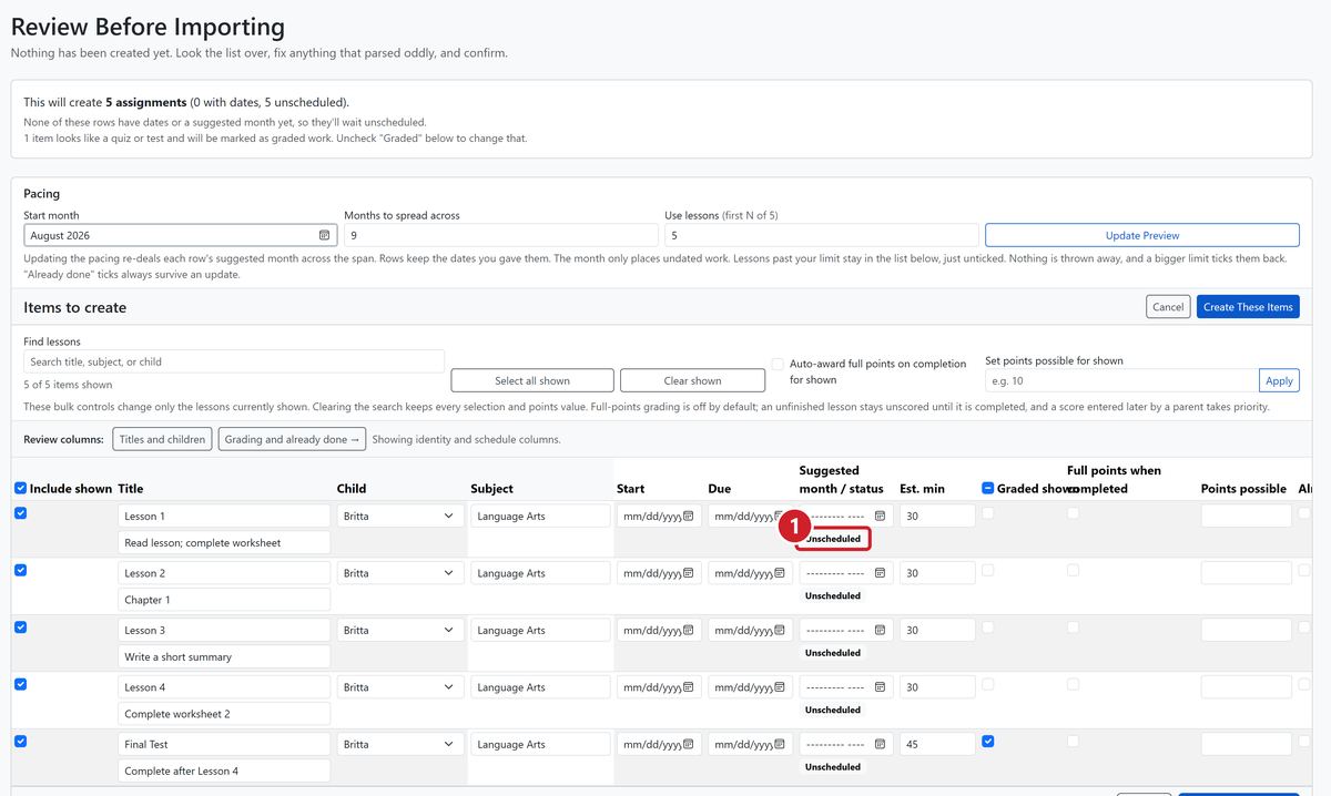The spreadsheet import preview shows five Language Arts assignments for Britta, with every child, subject, date, estimate, and note editable before creation.