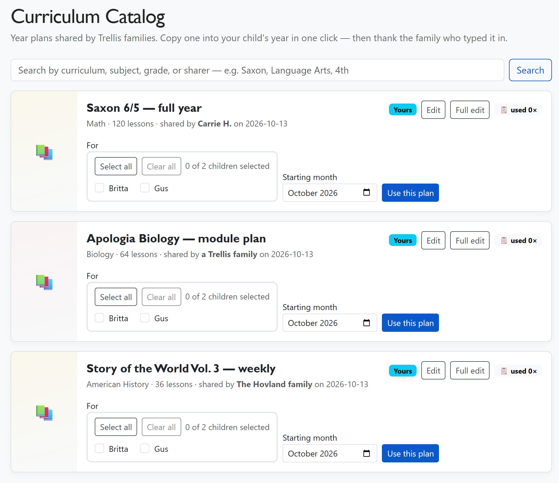 The Curriculum Catalog with searchable shared year plans, child and starting-month choices, Use this plan buttons, and a privacy-minded How it works panel.