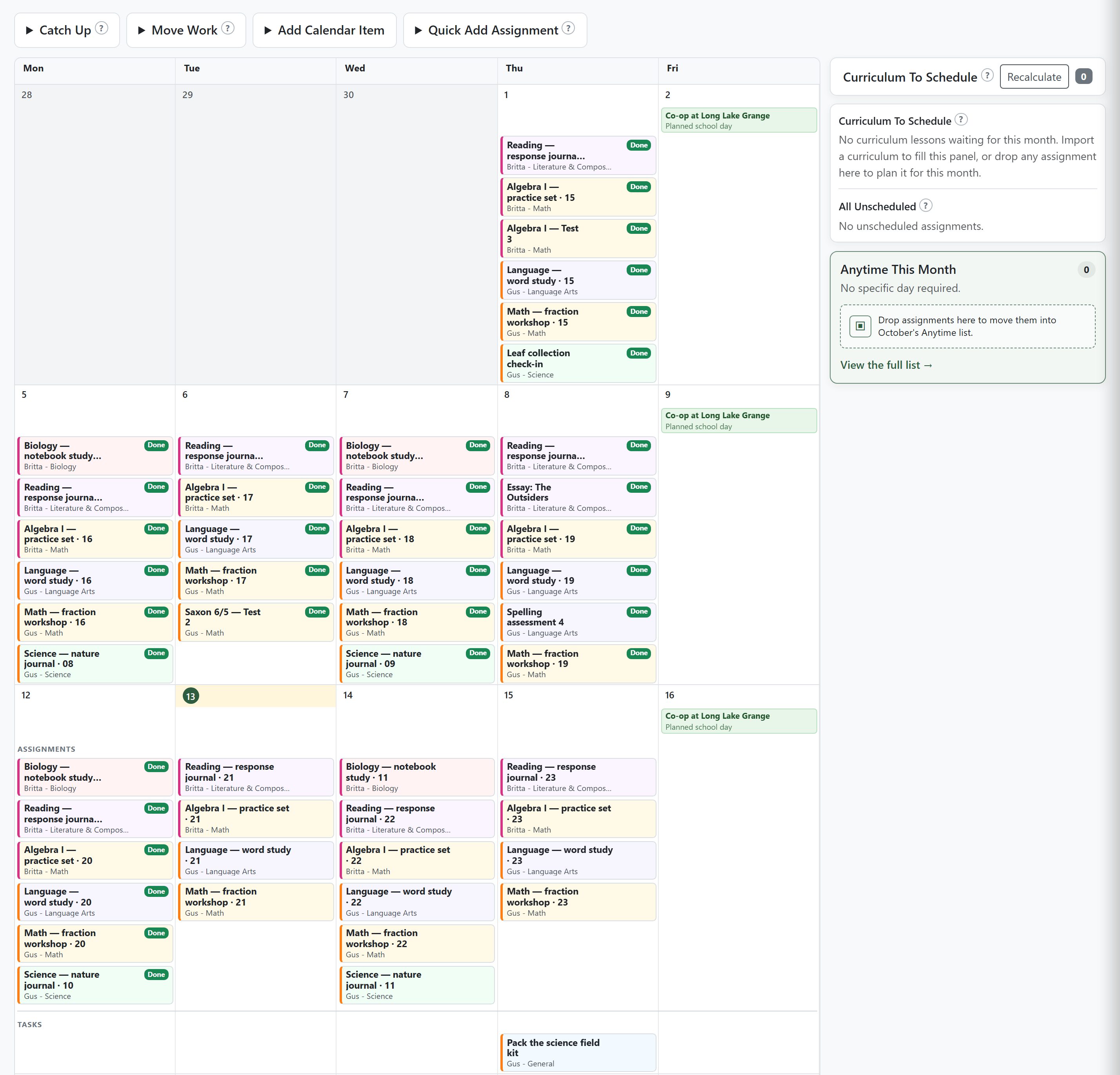 The month calendar organizes color-coded work for several children and keeps unscheduled or month-only lessons ready to place.