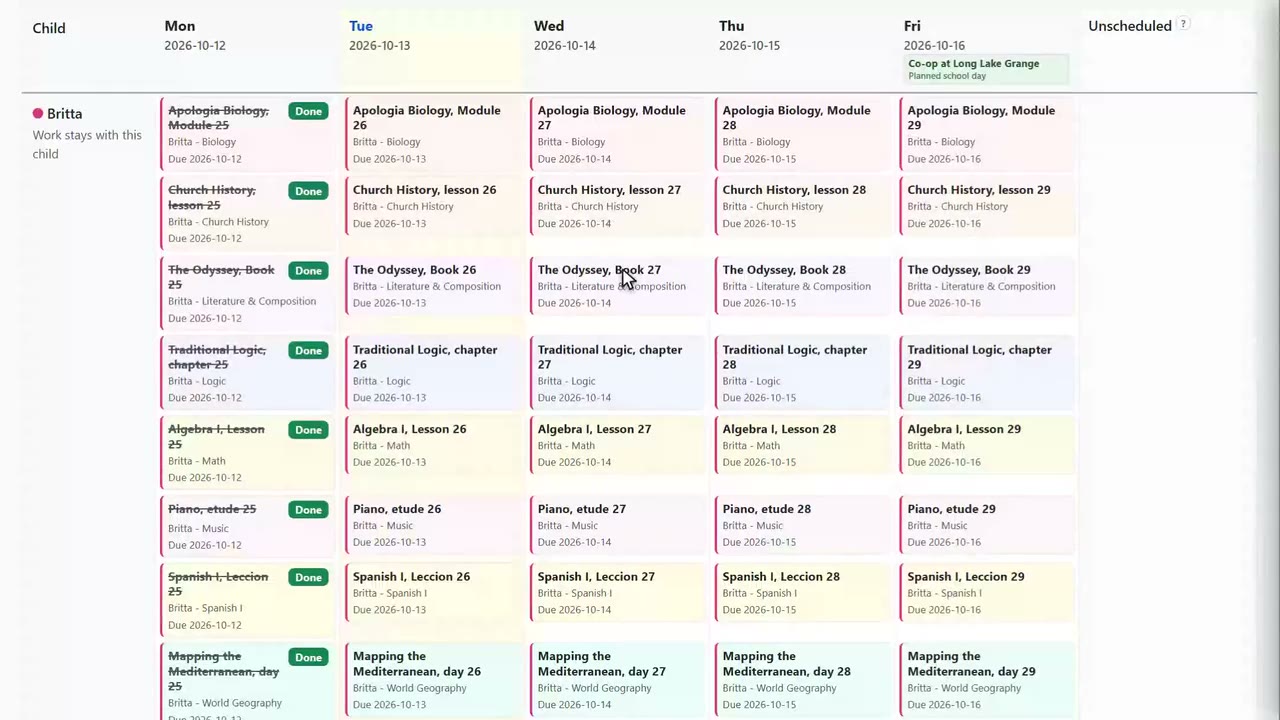 A demo family's week on the Trellis calendar, color-coded by child and partly checked off.