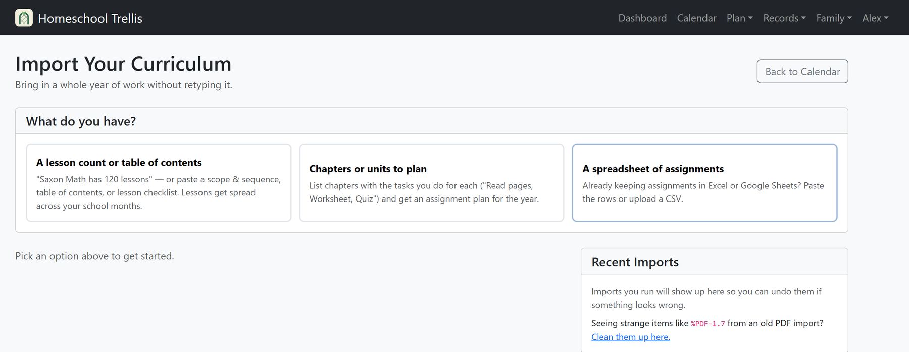 The Import Your Curriculum page with three starting points: a lesson count or table of contents, chapters or units to plan, or a spreadsheet of assignments.